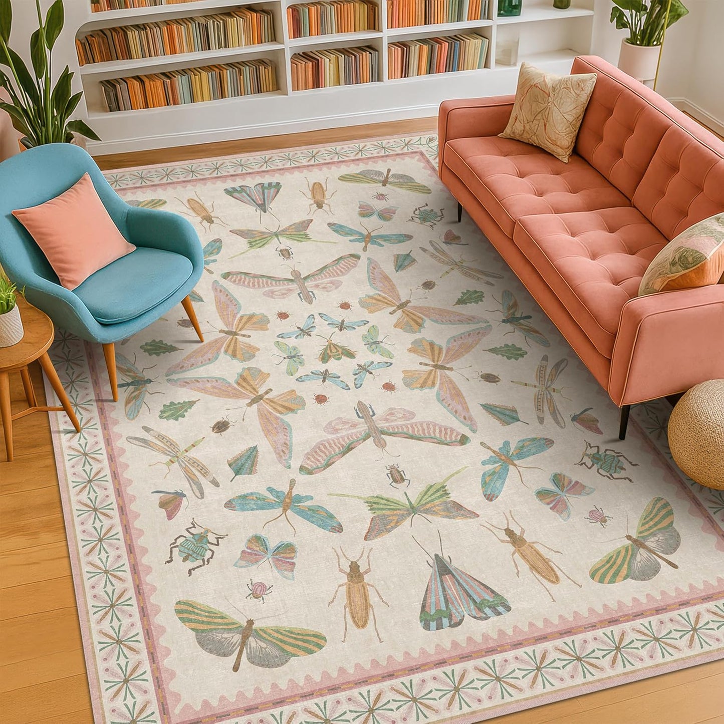 Light Pink Nursery Rug for Baby, Cute 5x7 Area Rugs for Girls Bedroom, Kids Room, Playroom, Whimsical Insect Butterfly Animal Print Decor, Washable & Ultra Soft & Stain Resistant