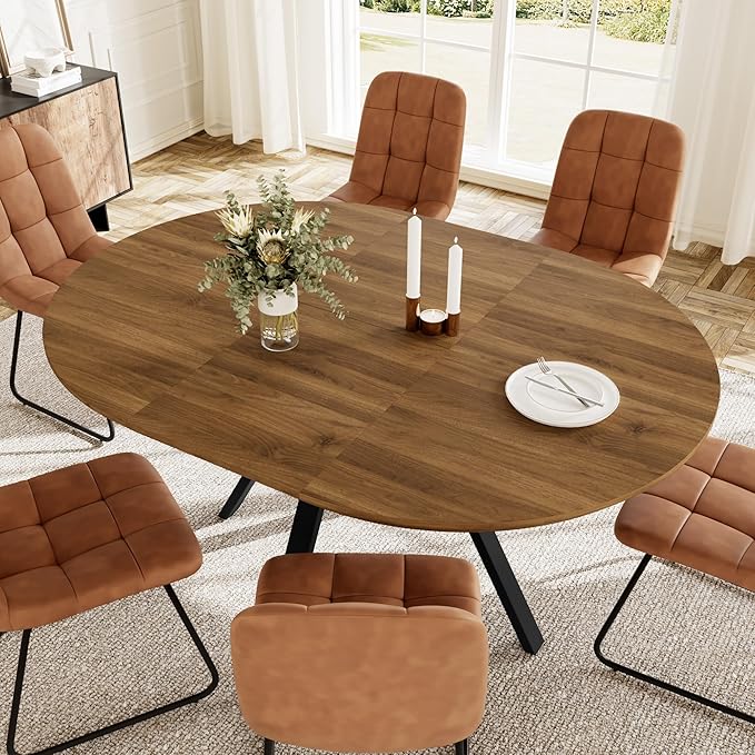 43.2"-59.1" Extendable Round Dining Table for 4-6 People, Modern Kitchen Oval Dining Table with Flexible Leaves Space Saving, Metal Base for Kitchen Dining Room (Walnut)