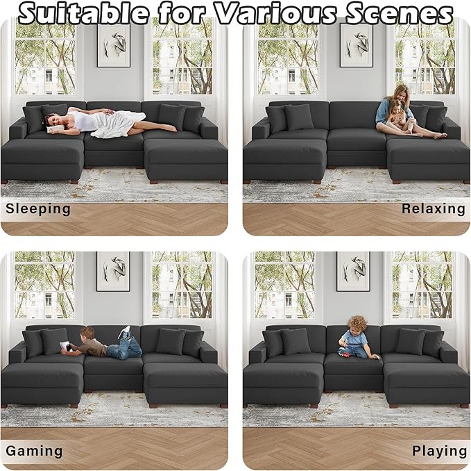Modular Sectional Couches for Living Room, 118" Modern Upholstered Sofa Couche with Ottoman for Living Room Bedroom, Grey