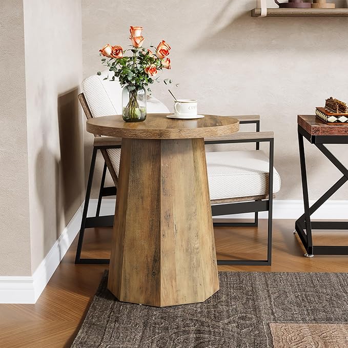 Tribesigns Farmhouse Round End Table, Wooden Couch Side Table with Octagonal Base, Rustic Brown Nightstand Pedestal Accent Furniture for Living Room, Bedroom (1)