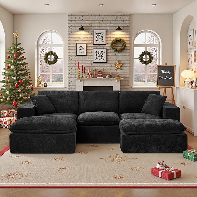 108" Sectional Couches for Living Room Boneless Couch Upholstered Cloud Couch Sectional Modular Sectional Sofa with L Shaped (Chenille-Black, 3 Seat+2 Ottoman)