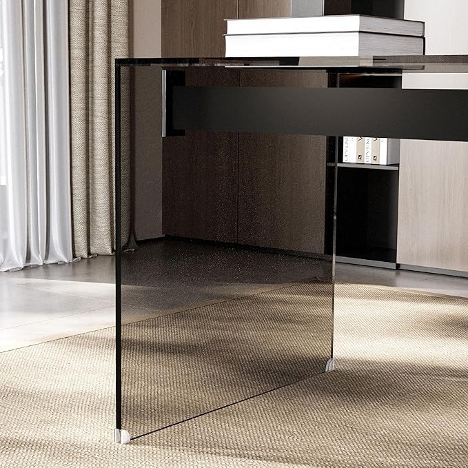 53.14" Modern Tempered Glass Executive Desk with Drawer, Black Wood Finish and Tempered Glass Legs – Minimalist Stylish Workstation Table for Home Office
