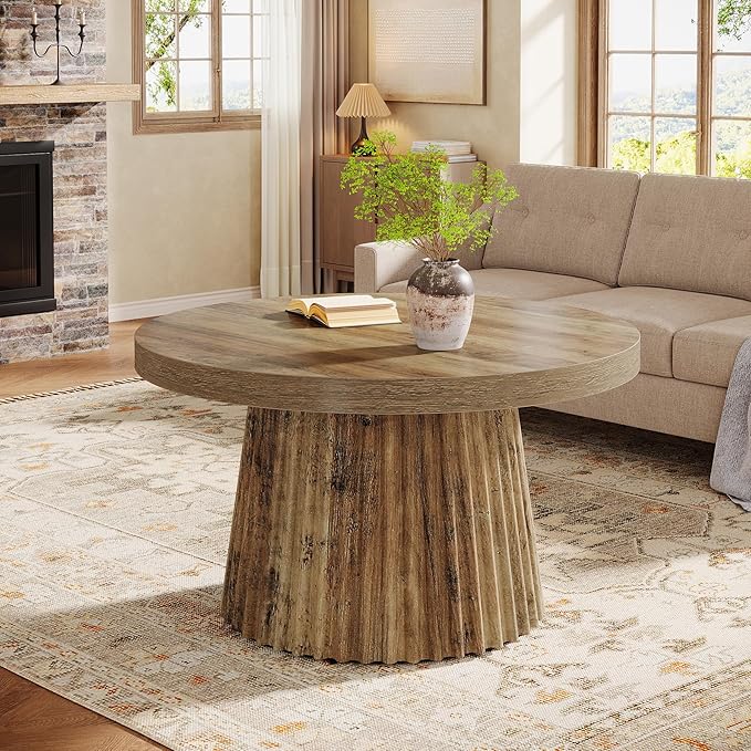Tribesigns Coffee Table, 31.5" Small Farmhouse Round Coffee Tables with Fluted Drum Base, Mid Century Modern Boho Accent Center Table for Living Room, Apartment, Small Space, Brown