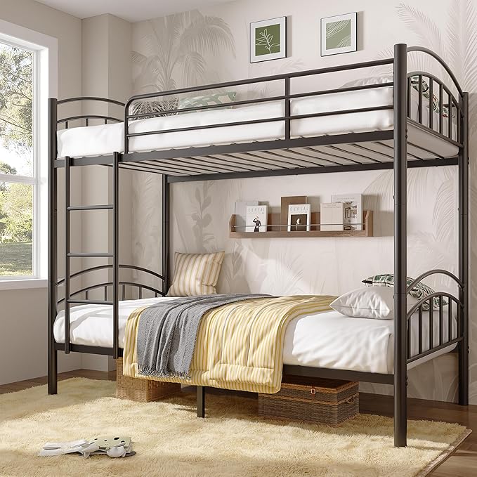 Alohappy Bunk Beds Frame Twin Over Twin, Convertible Into 2 Individual Metal, Removable Ladder & Safety Guard Rail (Black)