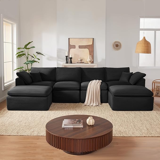 143" Cloud Sectional Couch, Boneless couches for Living Room,U Shaped Couch with Convertible Ottoman, Modular Sectional Sofa with Deep Seat, Comfy Soft Cushions, No Assembly, Black