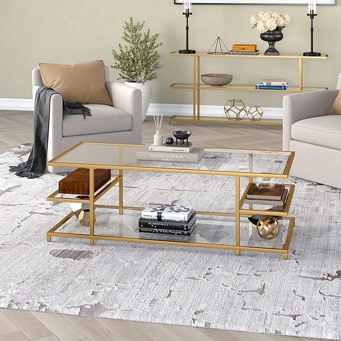 Henn&Hart 54" Wide Rectangular Coffee Table in Brass, for Home, Living Room, Bedroom, Entertainment Room, Office