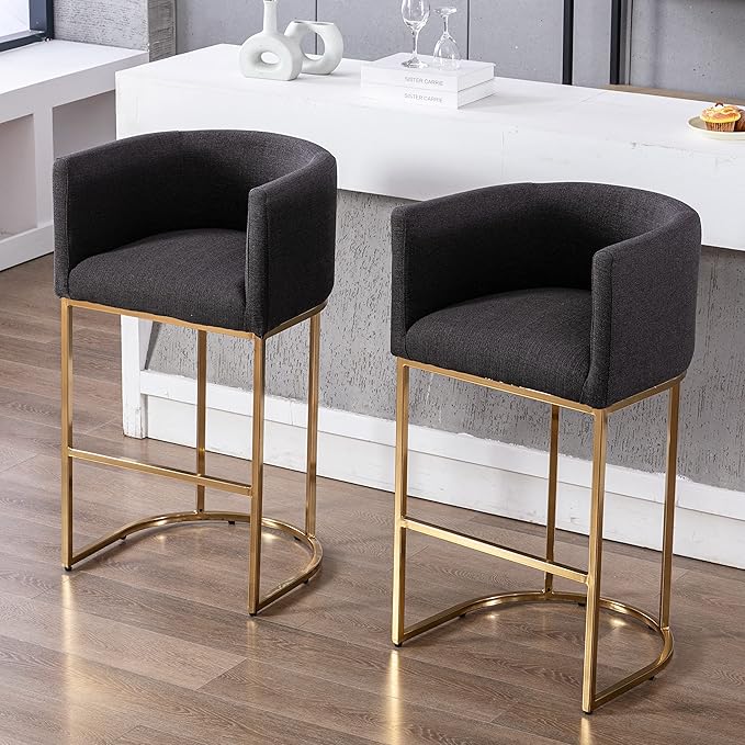 Contemporary Charcoal Linen Bar Stool, 32" Upholstered Fabric Counter Height Barstool Kitchen Counter Island Stool with Golden Metal Base
