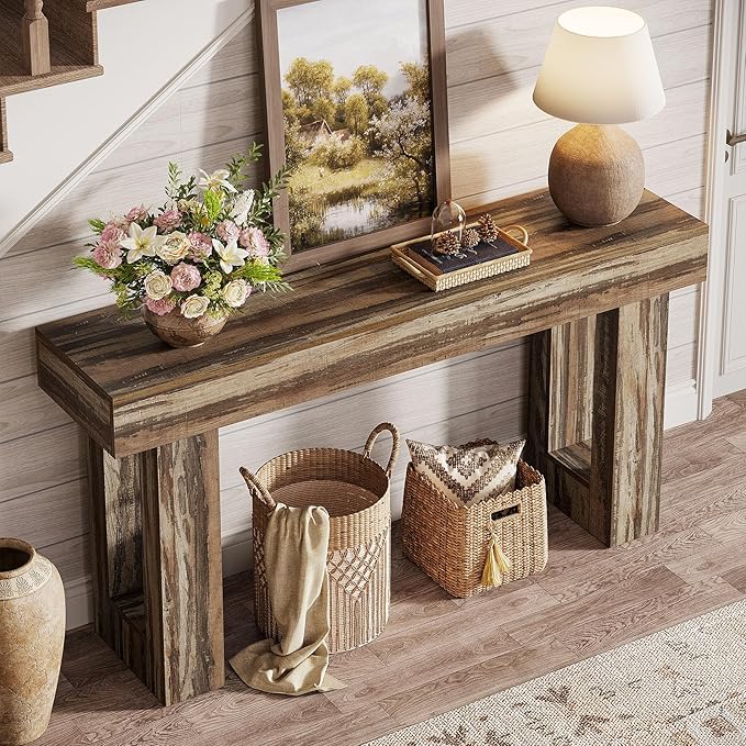 Tribesigns Console Table, 63" Farmhouse Entryway Table, Rectangular Wooden Accent Console for Entrance, Hallway & Living Room (Mottled Gray Brown)