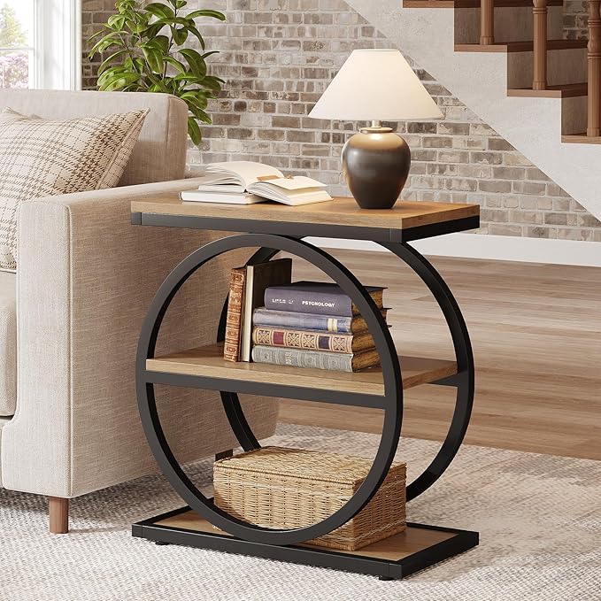Tribesigns Side End Table with 3 Storage Shelves Set of 2, Industrial Sofa Table with Round Metal Frame for Living Room, Engineered Wood Nightstand for Bedroom, Oak