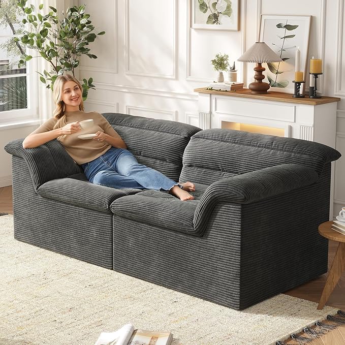 88" Sofa with Deep Seats Oversize, 3 Seater Cloud Couches, Upholstered Corduroy Couch for Living Room Bedroom, No Assembly Required, Dark Gray
