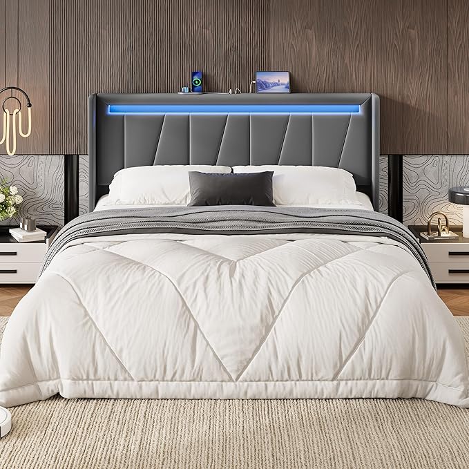 SHA CERLIN Queen Bed Frame with Charging Station and LED Lights, Modern Velvet Platform Bed with Upholstered Geometric Wingback Headboard, No Box Spring Needed, Easy Assembly, Grey