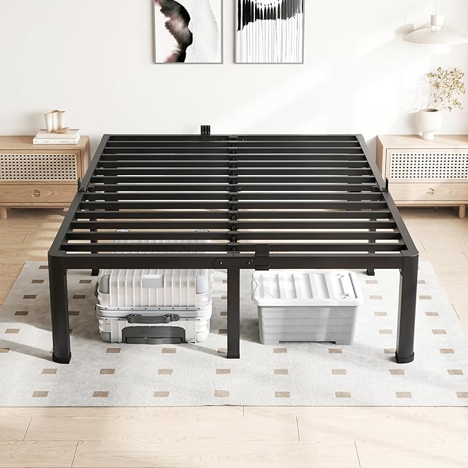 20 Inch Queen Bed Frame, 3500Lbs Heavy Duty Metal Platform with Round Corner Legs Mattress Slide Stopper, Steel Slat Support No Box Spring Needed, Noise Free, Non-Slip, Easy Assembly
