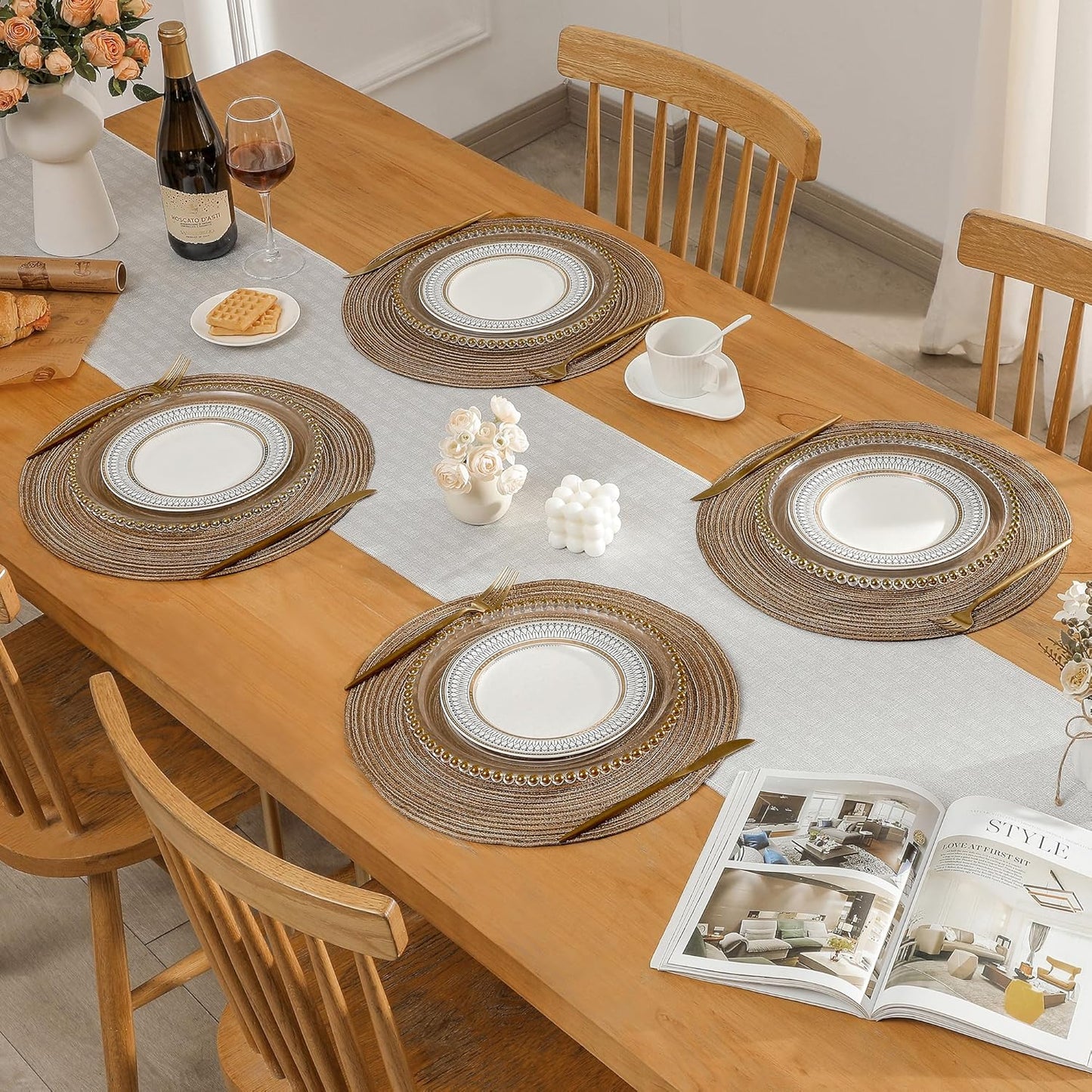 Leetaltree Round Placemats Heat and Slip Resistant Cotton Table Mats, Washable Bohemian Placemats for Dining Tables (Brown, Set of 8)