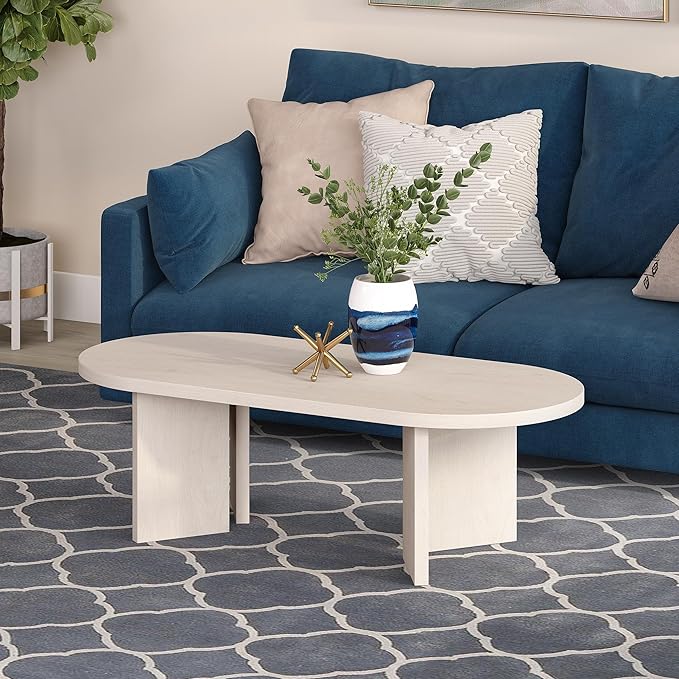 Henn&Hart 48" Oval Wood Low-Profile Coffee Table for Living Room, Family Room or Office, Alder White