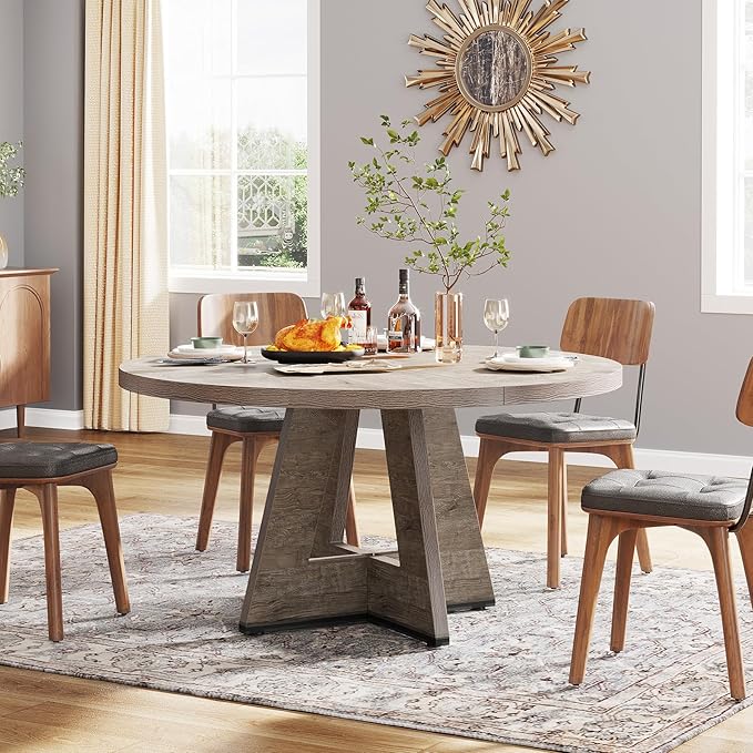 Tribesigns Round Dining Table for 4, 47 inch Farmhouse Circle Kitchen Table with Wooden Pedestal Base for Kitchen, Dining Room, Living Room (Grey)
