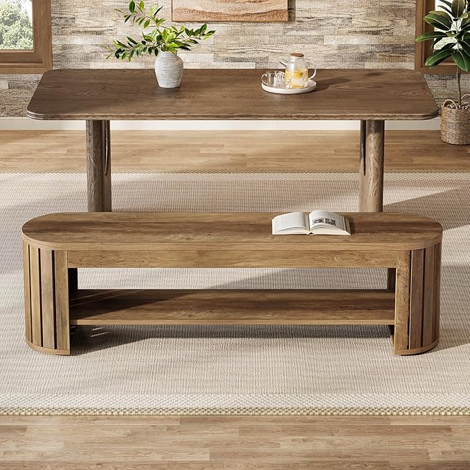 Tribesigns 63" Wooden Dining Bench, Farmhouse Entryway Bench with Arc Vertical Slat Splicing Legs, Kitchen Dining Seat for Dining Room, Living Room, Home Office, Easy Assembly (Brown)