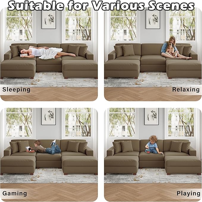 Modular Sectional Couches for Living Room, 118" Modern Upholstered Sofa Couche with Ottoman for Living Room Bedroom, Camel