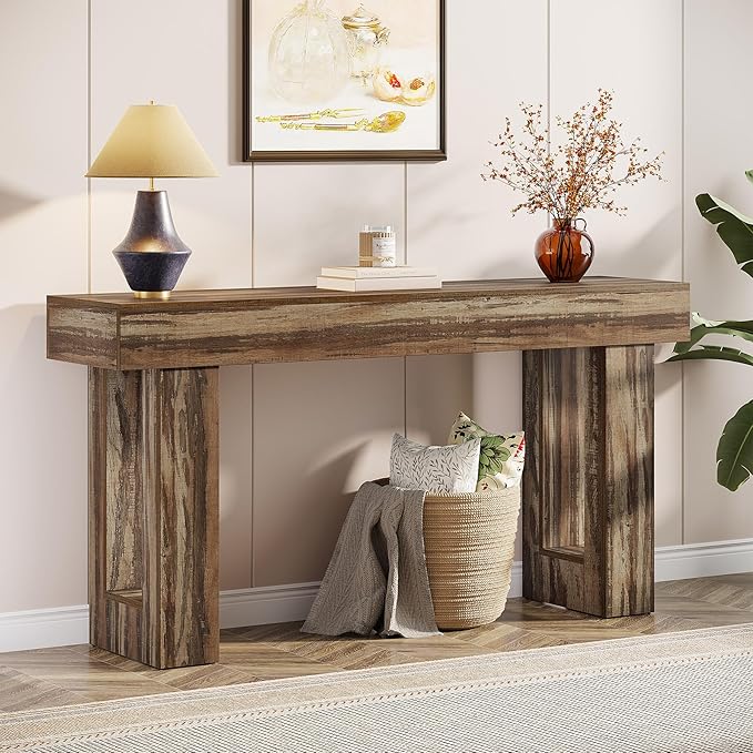 Tribesigns 63-Inch Long Console Table, Wooden Rectangular Sofa Table Behind The Couch, Farmhouse Entryway Table for Entrance, Hallway, Living Room (Mottled Gray Brown)