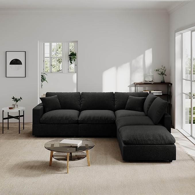 Modern Sectional Linen Couch for Living Room V-Shape Sofas,5 Seat Modular Cloud Sofas,Couches Cushion Covers Removable,Cozy Feather Down Sofa for Apartment Black
