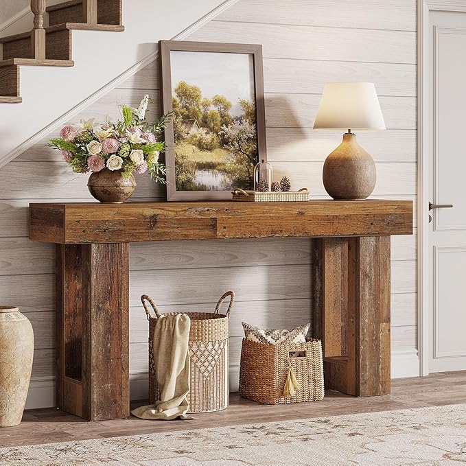 Tribesigns 63" Farmhouse Console Table, Natural Wooden Sofa Table Rectangular Accent Console for Entryway, Hallway & Living Room (Mix Brown)