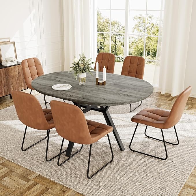 Extendable Round Dining Table Set for 6 People, 43.3"-59.1" Extendable Kitchen Table with 6 Upholstered Chairs, Space Saving for Kitchen Dining Room (Grey Table+6 U-Shaped Brown Chairs)