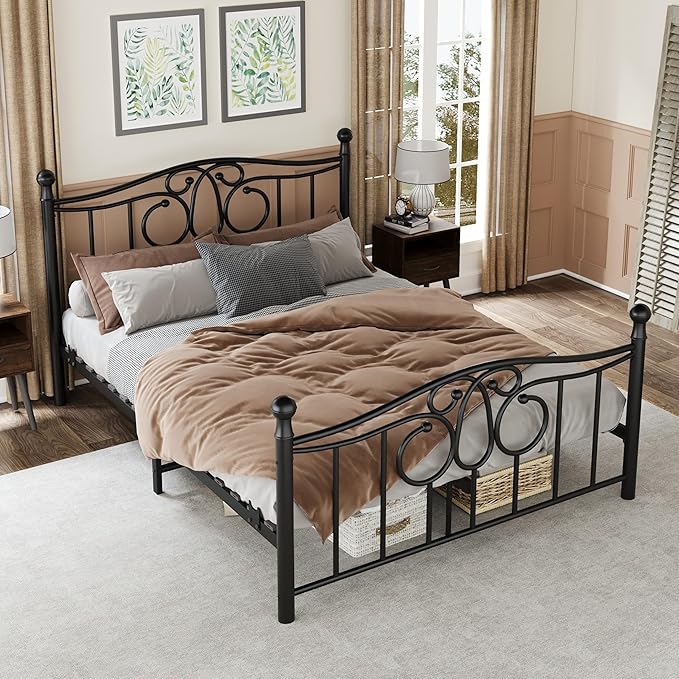 Metal Queen Single Bed Frame with Scroll Design, 82.7" in Steel Bed Frame with Protective Foot Pads, Strong Bearing Capacity Queen Size Bed, Easy Assembly, Underbed Storage Space(43.3 inch)