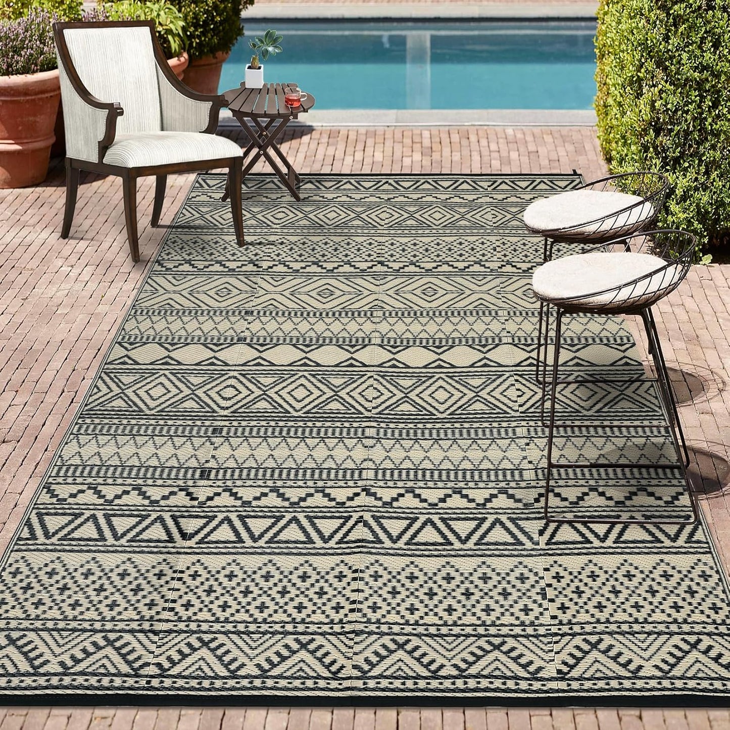 GAOMON Reversible Outdoor Rug 9'x18' Waterproof Plastic Straw Rug, Patio Rug, Large Modern Area Rug Carpet, Indoor Outdoor Rugs for Camping, Porch, Deck, Balcony, Backyard, Black/Coffee(Bohemia)