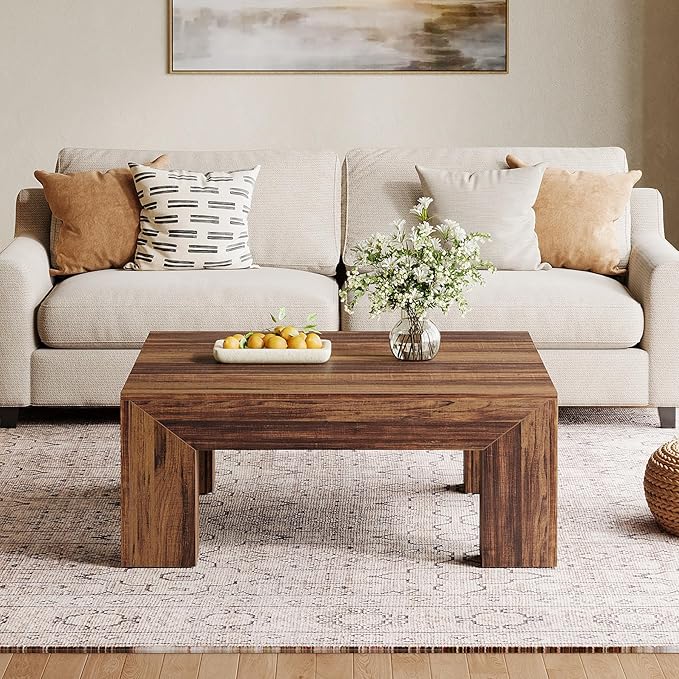 Tribesigns Farmhouse Square Coffee Table for Living Room, 39.37-Inch Low Large Center Tea Accent Table with Sturdy Legs, Easy Assembly (Dark Brown)