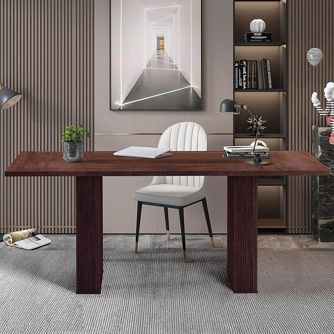 LEVNARY 78 Inch Long Executive Desk, Large Office Desk with Wood Strip Base, Modern Farmhouse Computer Desk Business Furniture for Home Office (Walnut)