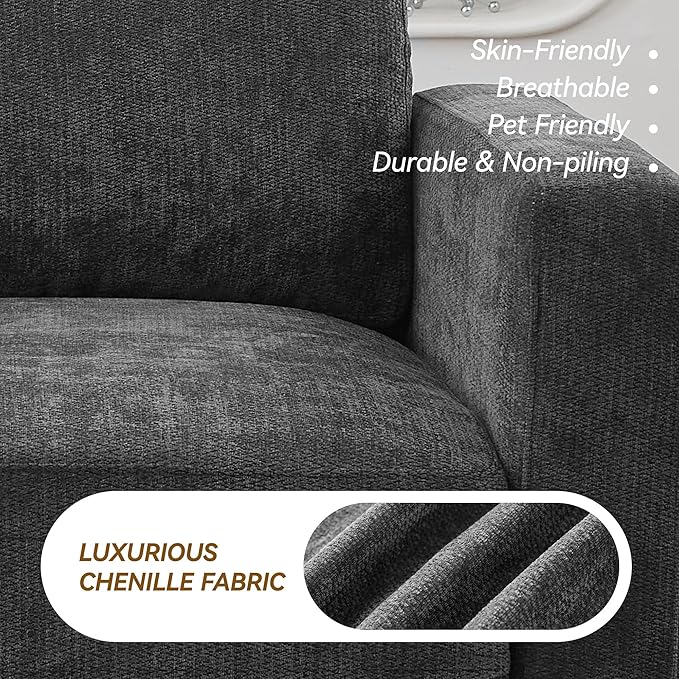 44.2" Chenille Oversized Chair with Movable Ottoman, Modular 1 Seat Couch with Thickened Cushions, Modern Single Sofa Chaise Lounge Reading Chair for Living Room, Small Apartment, Grey
