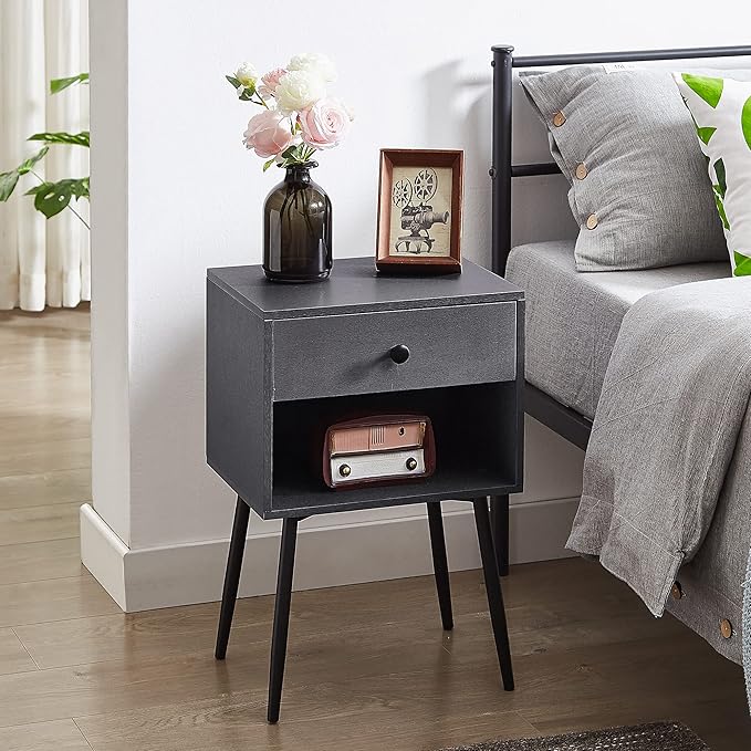 VECELO Nightstands Set of 2, Mid Century Modern End Bedside Table, Night Stand with Storage Drawer and 2 Tiers Open Shelf for Small Place, Bedroom, Living Room, Easy Assembly, Grey
