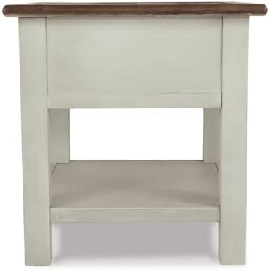 Signature Design by Ashley Bolanburg Farmhouse Chair Side End Table, 2 USB Ports, Pull-out Tray, Wood, 14" W x 24.25" D x 23" H, Antique Cream & Brown