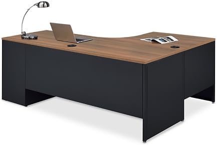 NBF Carbon L Shaped Executive Office Desk - Durable Laminate Computer Desk with 3 Drawers Pedestal - Modern Desk with Storage and File Cabinet - 72" W x 48" D Office Work Desk (Gray, Maple)
