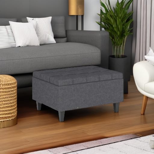 SIMPLIHOME Harrison 34 inch Wide Transitional Rectangle Small Coffee Table Storage Ottoman in Slate Grey Linen Look Fabric, Assembled, for the Living Room and Bedroom