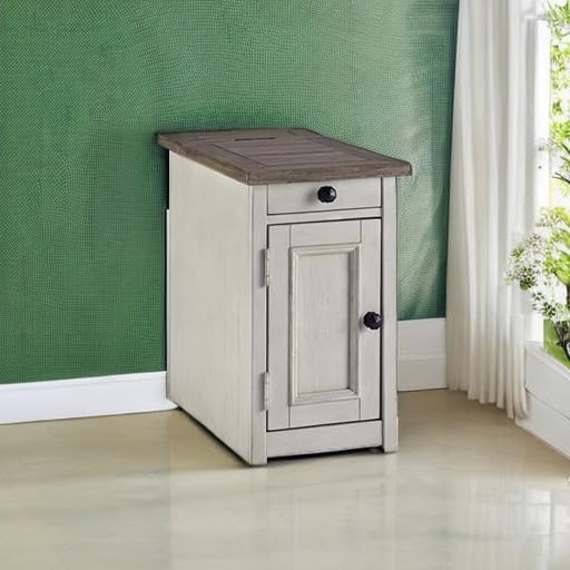 Signature Design by Ashley Bolanburg Farmhouse Chair Side End Table, 2 USB Ports, Pull-out Tray, Wood, 14" W x 24.25" D x 23" H, Antique Cream & Brown