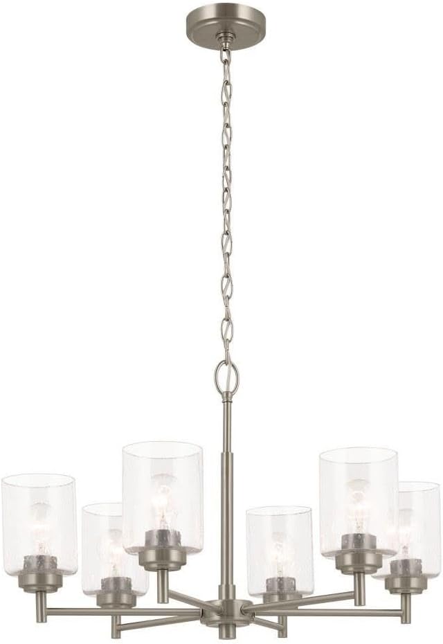 KICHLER Winslow 26" 6 Light Chandelier with Clear Seeded Glass in Brushed Nickel for Dining Room, Living Room, Kitchen and Rooms with Vaulted Ceilings, Industrial Style, (26" x 26" x 16.5") 52616NI