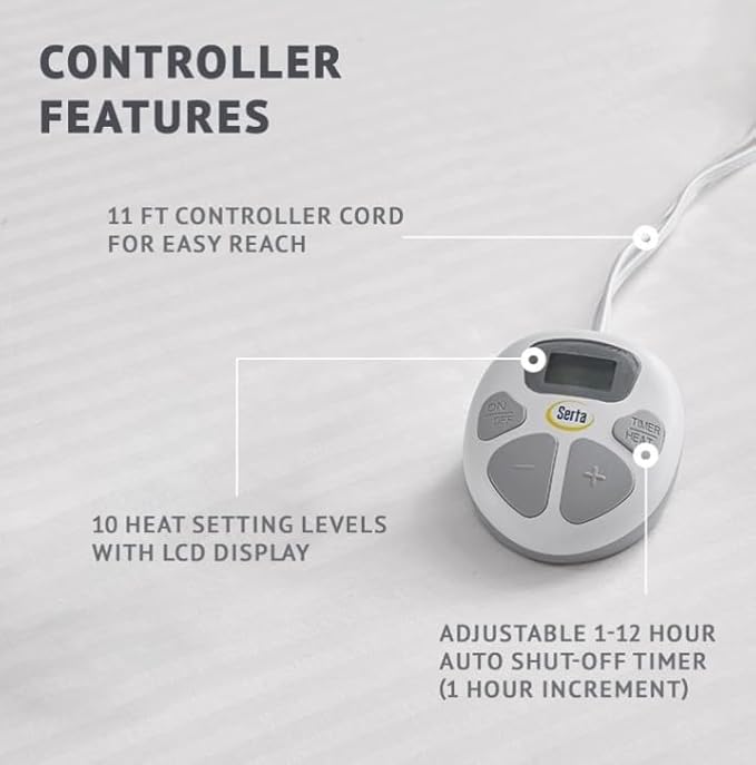 Serta Waterproof Heated Mattress Pad, Electric Bed Warmer with 10 Heat Settings, Auto Shut Off Timer, ETL Certified Electric Mattress Pad, Elastic Deep Pocket, Machine Washable, White Twin XL