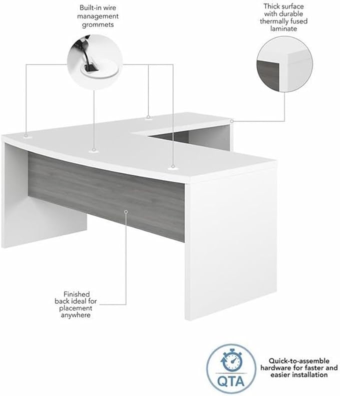 Bush Furniture L Shape Desk with Wire Management | Echo Collection Corner Bow Front Table for Home Office with Quick-to-Assemble Hardware | 72Wx77Lx30H