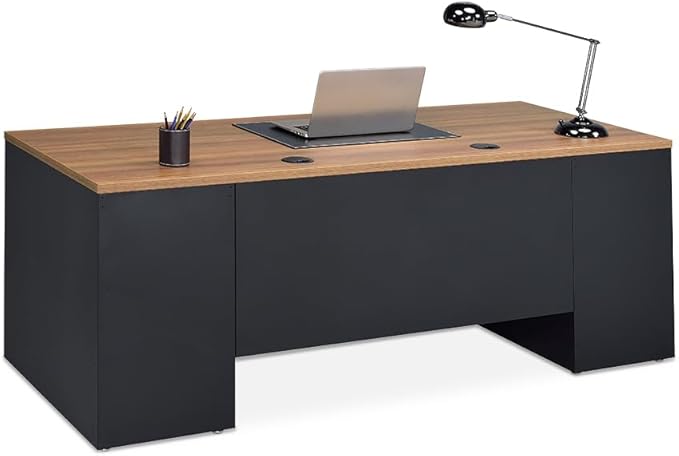 nbf signature series Carbon Steel Executive Desk 72" W x 30" D Planed Teak Ergonomic Computer Office Working PC Desk for Home and Office Use Stylish and Durable