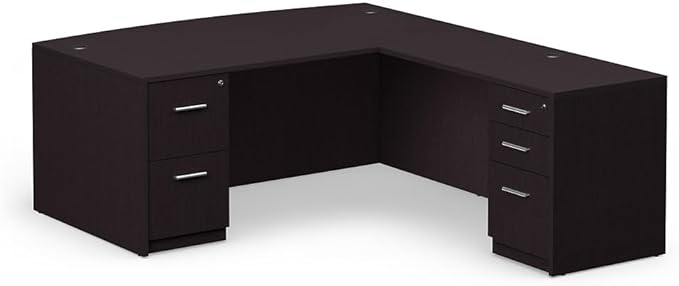 nbf signature series at Work Bowfront Reversible L Shaped Desk with Hutch - Ergonomic Computer Desk with Storage Drawers - Ideal for Office - 88.58" D x 70.87" W x 28.94" H, Espresso Laminate