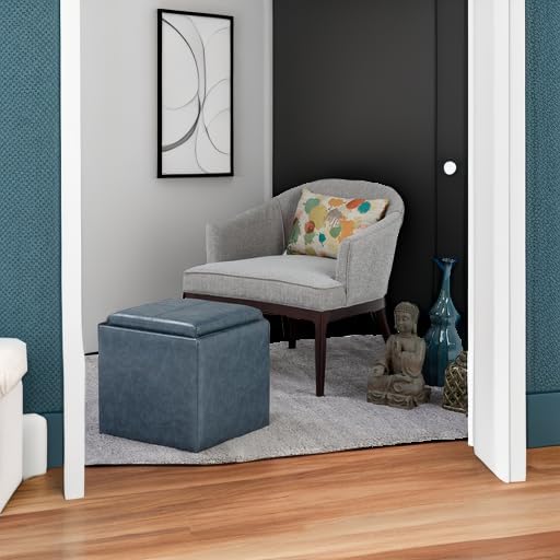 SIMPLIHOME Rockwood 18 inch Wide Contemporary Square Cube Storage Ottoman with Tray in Denim Blue Vegan Faux Leather, Assembled, For the Living Room, Entryway and Family Room
