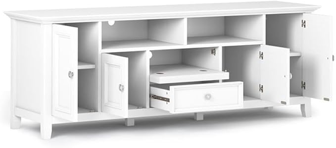 SIMPLIHOME Amherst 72-inch Wide Solid Wood TV Stand in White, Transitional-Style Media Console for Living Room with Cable Management and Adjustable Shelves, Fits 80" TVs