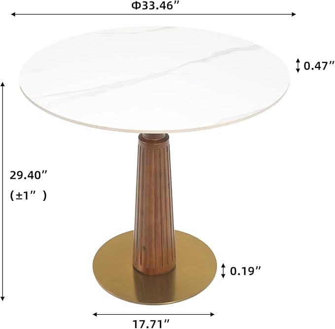 Sintered Stone Office Table - 33.5" Round Table for Small Offices (Light Brown Leg and White Top, 1 Table Only)