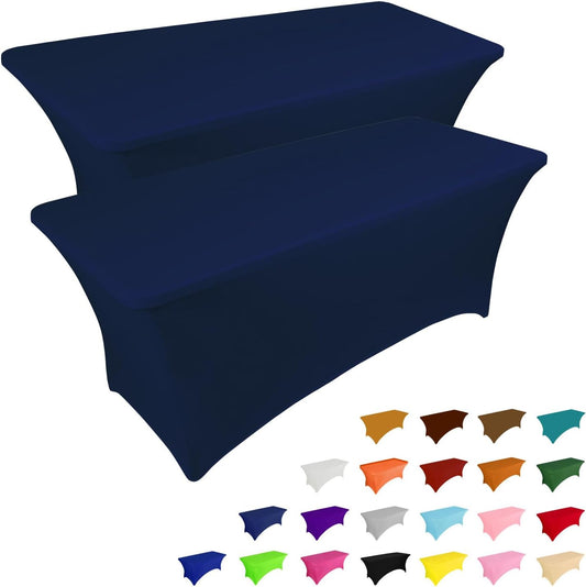 IVAPUPU 2 Pack 8FT Table Cloth for Rectangular Fitted Events Stretch Jean Blue Covers Washable Table Cover Spandex Tablecloth Protector for Party, Wedding, Cocktail, Banquet, Festival