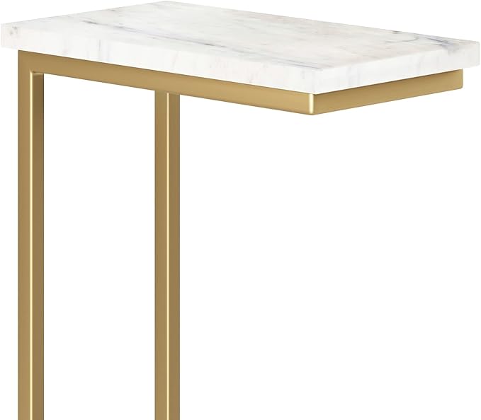 SIMPLIHOME Skyler 18-inch Wide Metal Table in White/Gold, C-Shaped Industrial-Style Side Table with Genuine Marble Top for Living Room, Bedroom, or Home Office