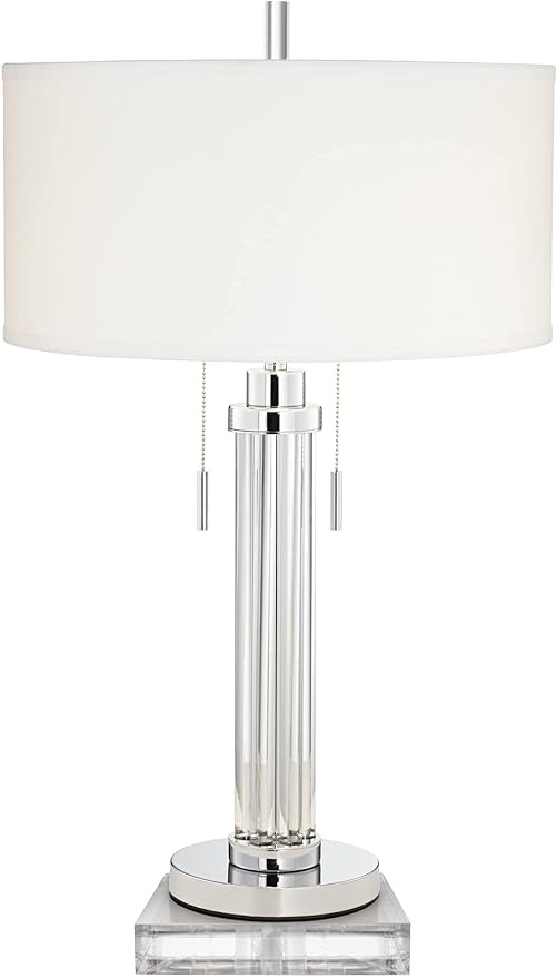 Possini Euro Design Cadence Modern Table Lamp 33" Tall with Square Riser Linear Clear Glass Rod White Linen Drum Shade for Bedroom Living Room House Home Bedside Nightstand Office Entryway Family