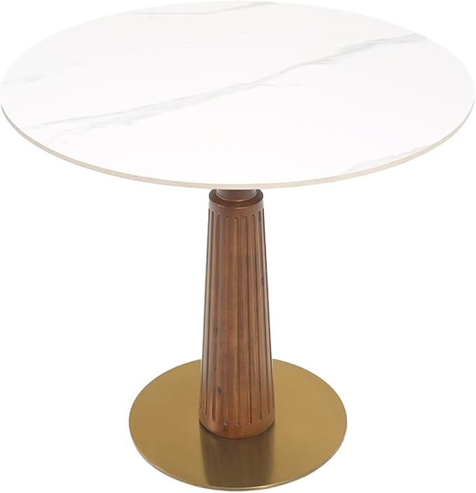 Sintered Stone Office Table - 33.5" Round Table for Small Offices (Light Brown Leg and White Top, 1 Table Only)