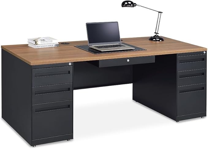 nbf signature series Carbon Steel Executive Desk 72" W x 30" D Planed Teak Ergonomic Computer Office Working PC Desk for Home and Office Use Stylish and Durable