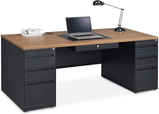 nbf signature series Carbon Steel Executive Desk 72" W x 30" D Planed Teak Ergonomic Computer Office Working PC Desk for Home and Office Use Stylish and Durable