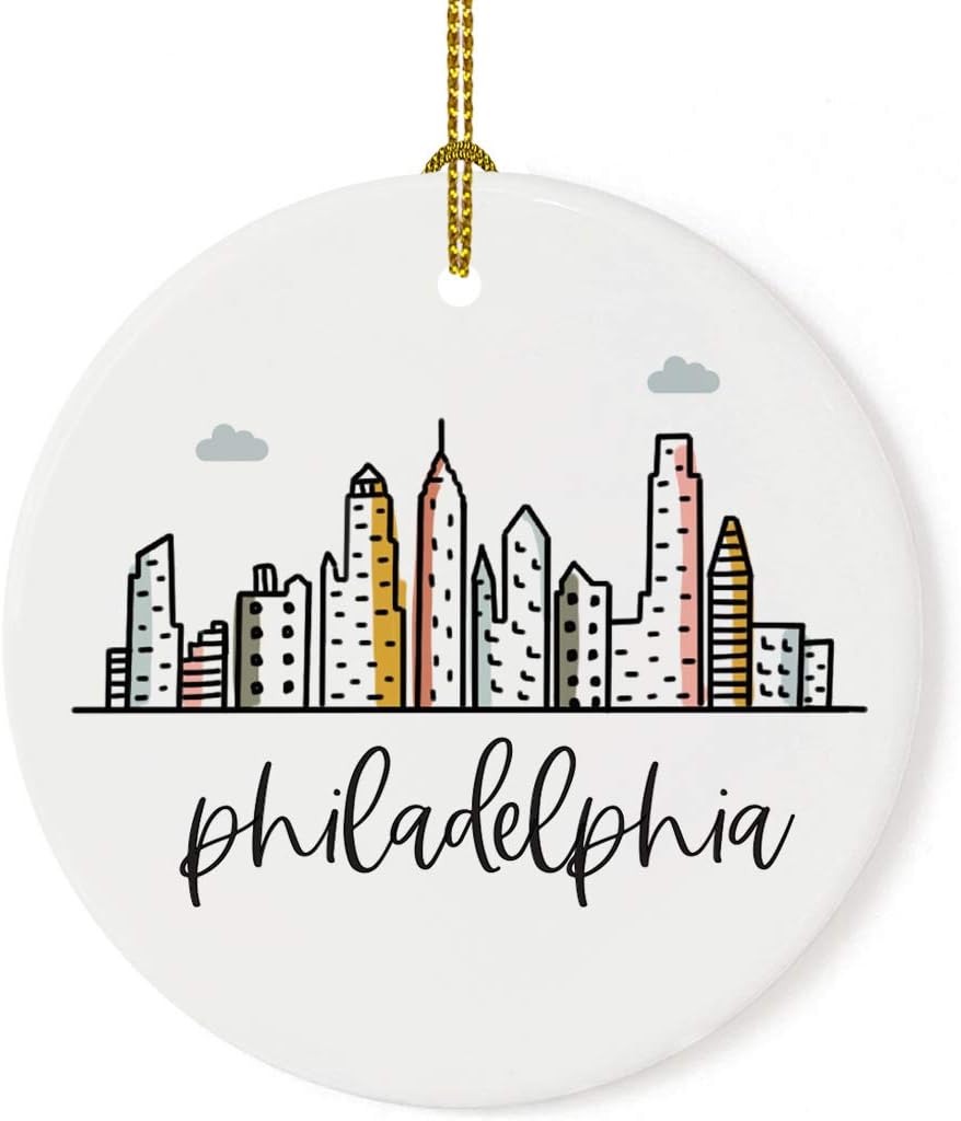 Andaz Press Round Ceramic Porcelain Christmas Tree Ornament Keepsake Gift, Philadelphia, Colorful City Skyline Graphic, 1-Pack, Birthday Ideas Family Coworker Him Her, Includes Gift Box